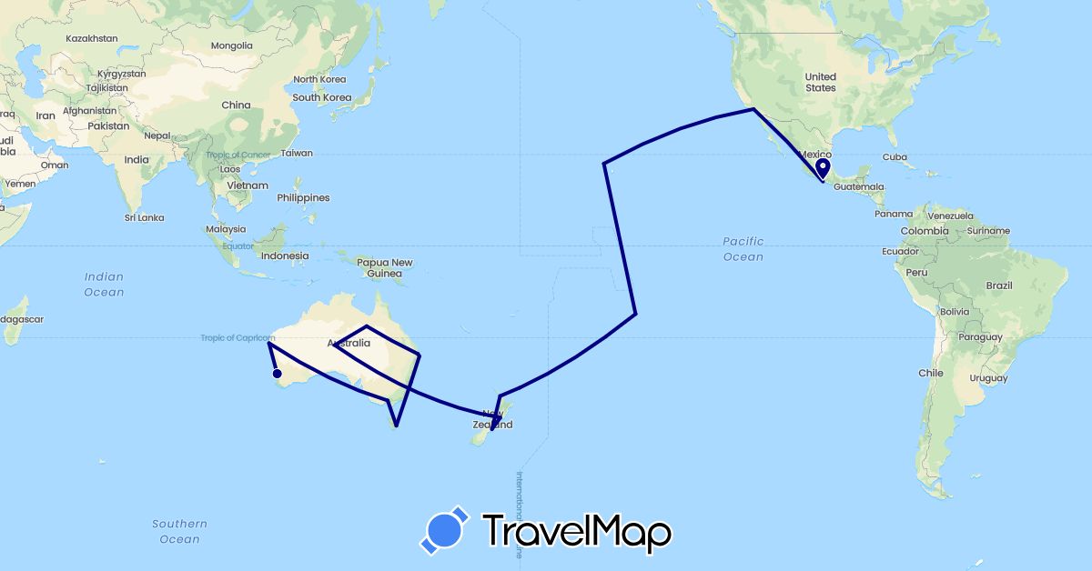 TravelMap itinerary: driving in Australia, Mexico, New Zealand, French Polynesia, United States (North America, Oceania)